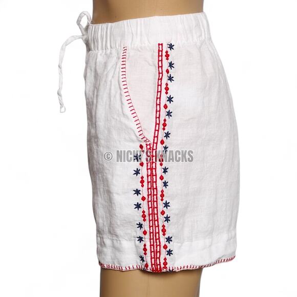 Cynthia Rowley 100% Linen Patriotic Embroidered Shorts White Red Blue Size S - Picture 5 of 12
